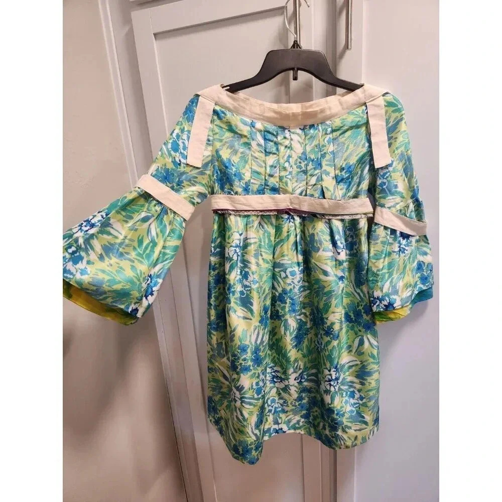 Tracy Feith Women’s 100% Silk Mod Floral Print Bell Sleeve Boatneck Dress Sz XS